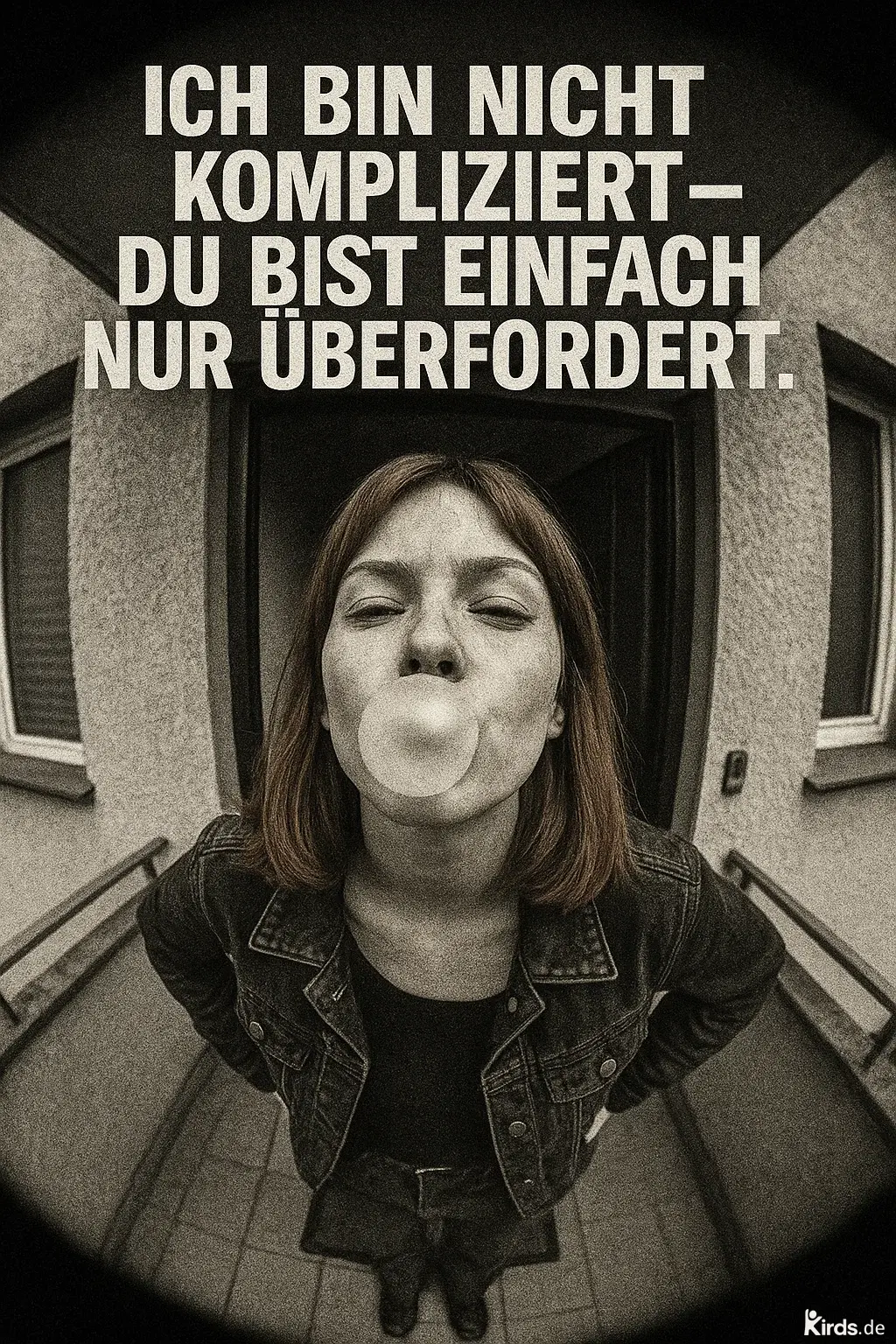 Dieses Spruch-Bild zeigt eine junge Frau, die selbstbewusst eine Kaugummiblase in die Kamera pustet. Der Bildstil ist in Schwarzweiß gehalten mit starker Vignettierung und fisheye-artiger Verzerrung, was dem Bild eine humorvolle und leicht provokante Note verleiht. Ihr Gesichtsausdruck und die Körperhaltung strahlen Coolness und Selbstbewusstsein aus – perfekt passend zum Spruch.