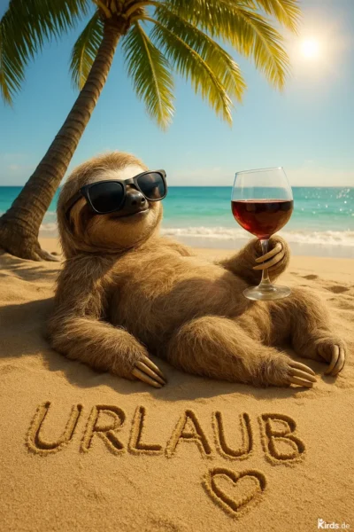Dieses Spruch-Bild zeigt ein entspanntes Faultier, das lässig am Sandstrand unter einer Palme liegt. Es trägt eine schwarze Sonnenbrille und hält ein Glas Rotwein in der Hand. Im Sand ist groß das Wort „URLAUB“ mit einem Herzsymbol eingeritzt. Im Hintergrund sieht man das ruhige Meer und die untergehende Sonne, die das Bild in ein warmes, sonniges Licht taucht.