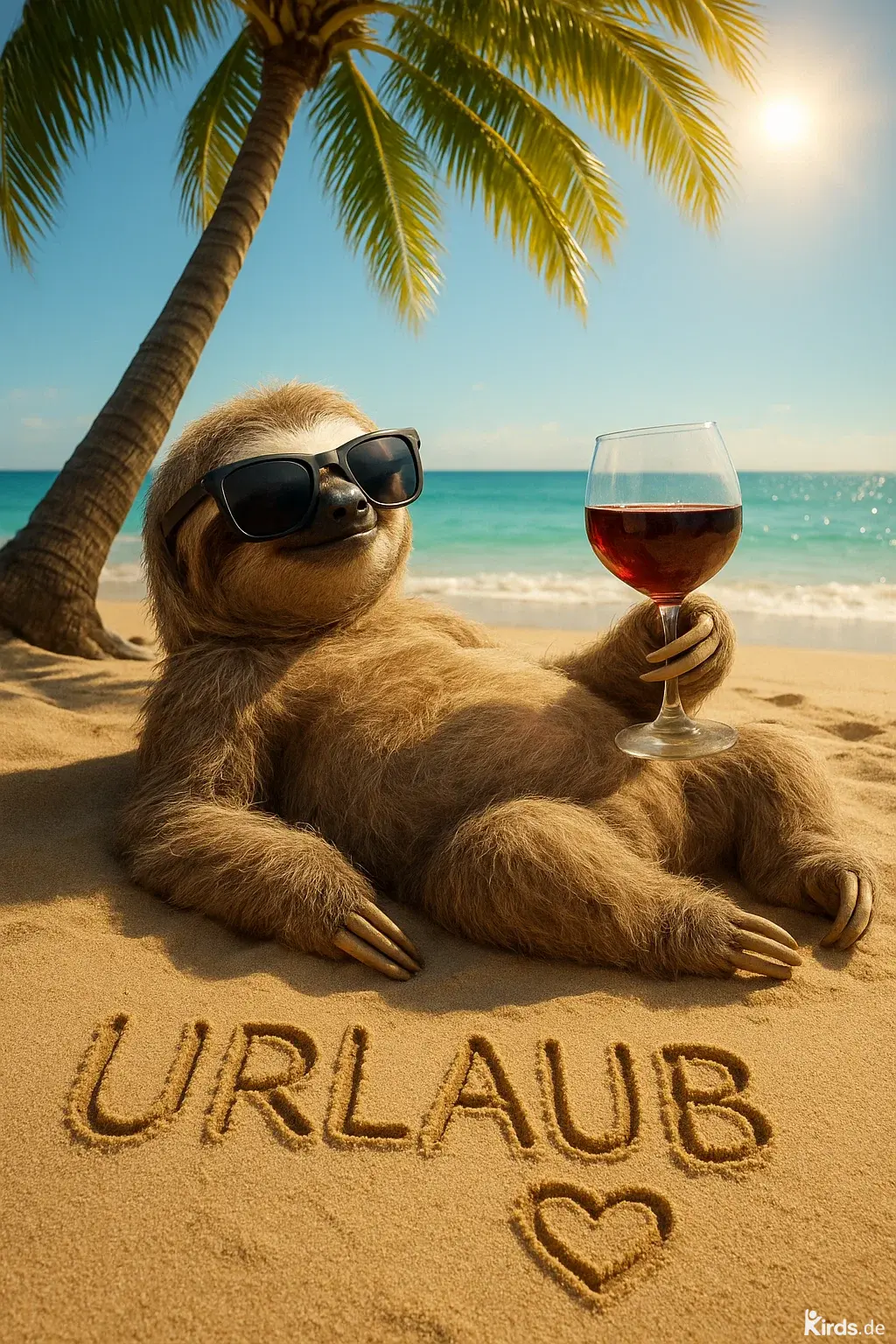 Dieses Spruch-Bild zeigt ein entspanntes Faultier, das lässig am Sandstrand unter einer Palme liegt. Es trägt eine schwarze Sonnenbrille und hält ein Glas Rotwein in der Hand. Im Sand ist groß das Wort „URLAUB“ mit einem Herzsymbol eingeritzt. Im Hintergrund sieht man das ruhige Meer und die untergehende Sonne, die das Bild in ein warmes, sonniges Licht taucht.