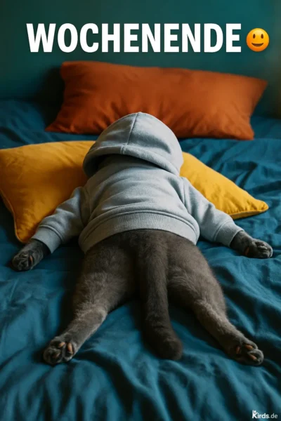 Dieses Spruch-Bild ist humorvoll und ausdrucksstark: Eine graue Katze liegt bäuchlings ausgestreckt auf einem Bett, gekleidet in einen hellblauen Hoodie. Ihr Kopf ist komplett in der Kapuze verborgen, sodass sie wirkt, als wäre sie völlig erschöpft oder im Tiefschlaf – ein Sinnbild für das entspannte Wochenende. Die leuchtend gelben und orangenen Kissen betonen das gemütliche Ambiente.