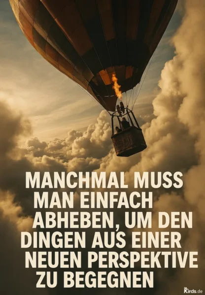 Dieses Spruch-Bild vermittelt eine kraftvolle Symbolik: Ein Heißluftballon steigt majestätisch zwischen dramatischen, goldgelb leuchtenden Wolken auf. Die Flamme des Brenners ist sichtbar und verstärkt den Eindruck des Aufbruchs und der Bewegung. Im Korb des Ballons befinden sich Menschen, die in die Weite blicken und die neue Perspektive genießen. Das Bild strahlt Abenteuerlust, Freiheit und einen Hauch von Magie aus – perfekt passend zur Botschaft des Spruchs.