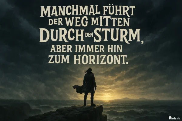 Eine einzelne Person steht auf einem Felsen am Rande einer stürmischen See. Der Himmel ist dunkel und von schweren Regenwolken verhangen. Im Hintergrund zeigt sich ein Lichtschimmer am Horizont, der Hoffnung symbolisiert. Der Wind weht den Mantel der Person nach hinten, während sie mutig und entschlossen auf das Licht am Horizont blickt.