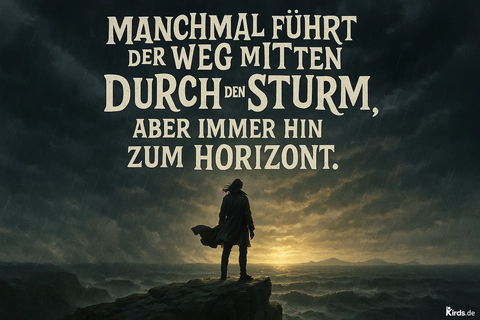 Eine einzelne Person steht auf einem Felsen am Rande einer stürmischen See. Der Himmel ist dunkel und von schweren Regenwolken verhangen. Im Hintergrund zeigt sich ein Lichtschimmer am Horizont, der Hoffnung symbolisiert. Der Wind weht den Mantel der Person nach hinten, während sie mutig und entschlossen auf das Licht am Horizont blickt.