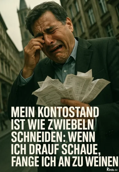 Ein emotionaler, humorvoll inszenierter Moment: Ein Mann im Anzug steht weinend auf der Straße, hält einen Stapel von Rechnungen in der Hand und wischt sich die Tränen aus den Augen – eine kraftvolle visuelle Metapher für finanzielle Sorgen und den humorvollen Umgang damit.