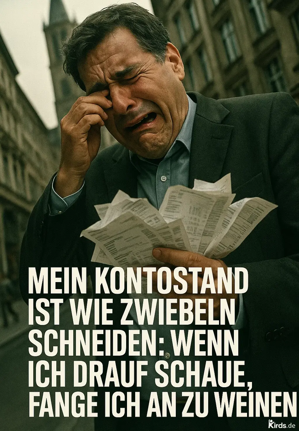 Ein emotionaler, humorvoll inszenierter Moment: Ein Mann im Anzug steht weinend auf der Straße, hält einen Stapel von Rechnungen in der Hand und wischt sich die Tränen aus den Augen – eine kraftvolle visuelle Metapher für finanzielle Sorgen und den humorvollen Umgang damit.