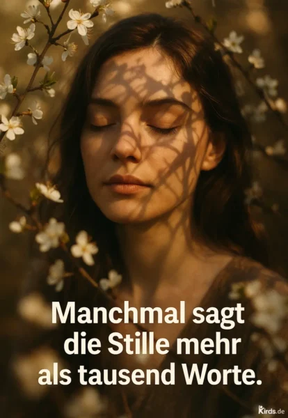 Auf dem Spruchbild ist eine junge Frau mit geschlossenen Augen zu sehen, umgeben von blühenden Zweigen. Der Schatten der Blüten zeichnet sich sanft auf ihrem Gesicht ab. Die Bildstimmung ist ruhig und warm, die Farben sind weich und erdig, was die Botschaft des Spruchs – die Kraft der Stille – visuell unterstreicht.