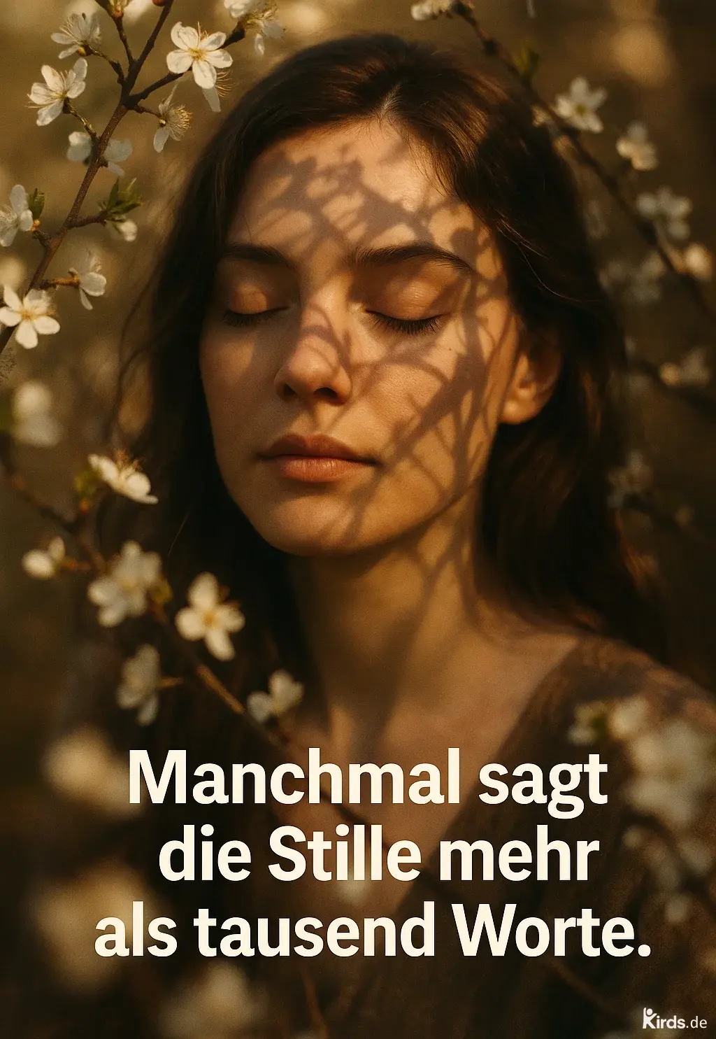 Auf dem Spruchbild ist eine junge Frau mit geschlossenen Augen zu sehen, umgeben von blühenden Zweigen. Der Schatten der Blüten zeichnet sich sanft auf ihrem Gesicht ab. Die Bildstimmung ist ruhig und warm, die Farben sind weich und erdig, was die Botschaft des Spruchs – die Kraft der Stille – visuell unterstreicht.