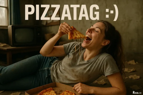 Dieses Spruch-Bild zeigt eine lachende Frau, die genüsslich ein Stück Pizza isst. Der Käse zieht lange Fäden, was den Moment des Genusses perfekt unterstreicht. Im Vordergrund liegt ein geöffneter Pizzakarton, im Hintergrund ein altes Fernsehgerät, das eine gemütliche, entspannte Atmosphäre vermittelt. Die Frau trägt ein einfaches T-Shirt und liegt entspannt auf dem Boden – ein authentischer, ungezwungener Moment des Glücks.