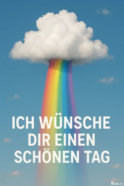 Dieses Spruch-Bild ist kreativ und fröhlich gestaltet: Eine weiße, fluffige Wolke schwebt am blauen Himmel, aus der ein farbenfroher Regenbogen entspringt. Die Regenbogenfarben leuchten intensiv und ziehen sich elegant nach unten. Der Schriftzug „Ich wünsche dir einen schönen Tag“ ist klar und freundlich in weißen Großbuchstaben unter dem Regenbogen platziert. Das Bild strahlt Leichtigkeit, Freude und positive Energie aus.