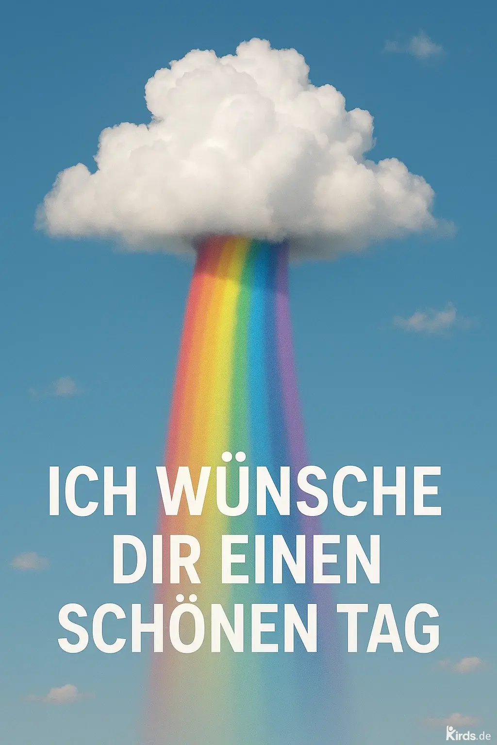 Dieses Spruch-Bild ist kreativ und fröhlich gestaltet: Eine weiße, fluffige Wolke schwebt am blauen Himmel, aus der ein farbenfroher Regenbogen entspringt. Die Regenbogenfarben leuchten intensiv und ziehen sich elegant nach unten. Der Schriftzug „Ich wünsche dir einen schönen Tag“ ist klar und freundlich in weißen Großbuchstaben unter dem Regenbogen platziert. Das Bild strahlt Leichtigkeit, Freude und positive Energie aus.
