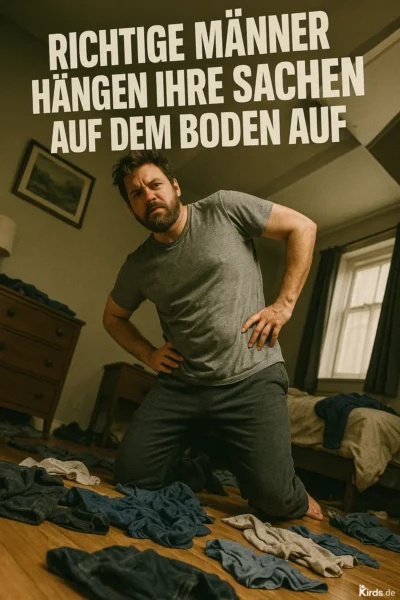Ein Mann kniet in einem unordentlichen Schlafzimmer, der Boden ist übersät mit Kleidungsstücken. Er trägt ein graues T-Shirt und eine graue Jogginghose. Mit skeptischem Blick und in einer selbstbewussten Pose wirkt es, als wolle er seine „Kleidung am Boden“ mit voller Überzeugung präsentieren. Im Hintergrund sieht man ein Bett mit einem Kleidungsstück darauf und einen Nachttisch.