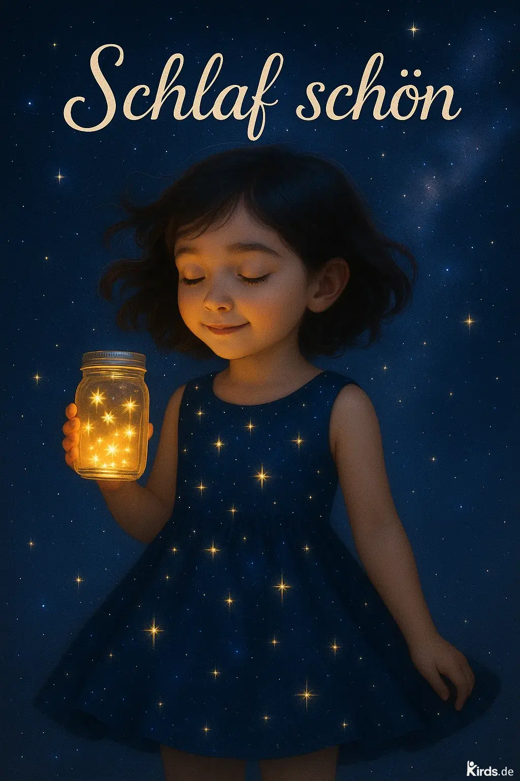 Dieses Spruch-Bild vermittelt eine zauberhafte, friedliche Stimmung: Ein kleines Mädchen steht mit geschlossenen Augen da und hält ein Glas voller leuchtender Sterne in der Hand. Ihr Kleid scheint ebenfalls mit funkelnden Sternen übersät zu sein, als würde sie selbst Teil des Sternenhimmels sein. Das Bild strahlt Ruhe, Geborgenheit und die Magie des Einschlafens aus.