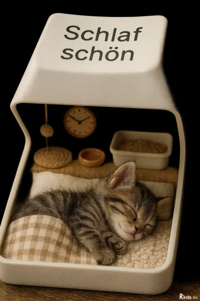 Eine kleine, getigerte Katze liegt friedlich schlafend in einem gemütlich eingerichteten Miniaturbett. Das Bett besteht aus weichen Kissen, einer karierten Decke und einem flauschigen Untergrund. Im Hintergrund sind eine kleine Wanduhr, ein geflochtener Untersetzer, zwei Futterschalen und ein Körbchen zu sehen. Über dem Bett ist ein Baldachin mit der Aufschrift „Schlaf schön“ angebracht. Das gesamte Bild vermittelt Ruhe, Wärme und Geborgenheit.