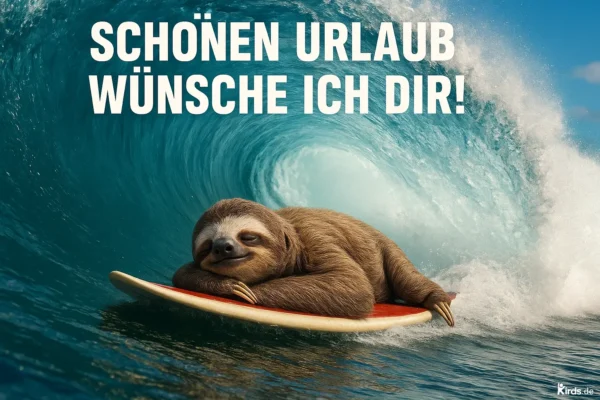Dieses Spruch-Bild ist humorvoll und lädt zum Träumen ein: Ein lächelndes Faultier liegt entspannt auf einem Surfbrett, während im Hintergrund eine beeindruckende, türkisfarbene Welle heranrollt – eine witzige Metapher für Gelassenheit und Urlaubsstimmung.