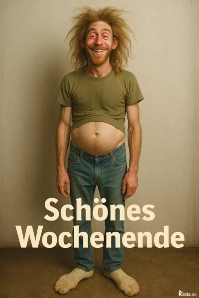Ein fröhlich lachender Mann steht barfuß in dicken Wollsocken auf einem einfachen Boden. Sein olivgrünes T-Shirt ist hochgerutscht und legt einen kleinen Bauch frei. Er trägt eine klassische blaue Jeans. Sein langes, zerzaustes Haar steht wild vom Kopf ab. Die Gesichtszüge wirken freundlich und völlig entspannt. Im Vordergrund steht groß der Text „Schönes Wochenende“.