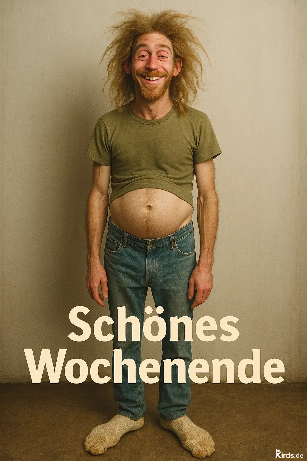 Ein fröhlich lachender Mann steht barfuß in dicken Wollsocken auf einem einfachen Boden. Sein olivgrünes T-Shirt ist hochgerutscht und legt einen kleinen Bauch frei. Er trägt eine klassische blaue Jeans. Sein langes, zerzaustes Haar steht wild vom Kopf ab. Die Gesichtszüge wirken freundlich und völlig entspannt. Im Vordergrund steht groß der Text „Schönes Wochenende“.