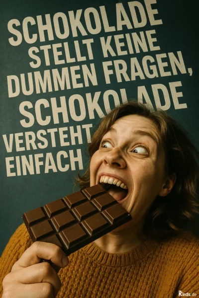 Eine fröhliche Frau mit braunen Haaren und einem senfgelben Strickpullover hält eine große Tafel Schokolade vor den Mund, bereit hineinzubeißen. Ihr Gesichtsausdruck ist begeistert und übertrieben freudig. Im Hintergrund steht groß der Spruch „Schokolade stellt keine dummen Fragen, Schokolade versteht einfach.“