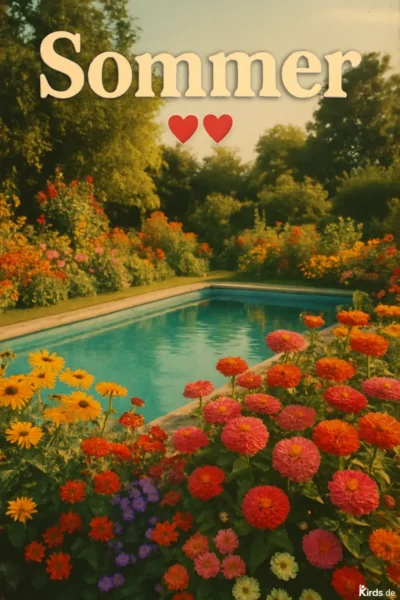 Dieses Spruch-Bild zeigt eine idyllische Sommerlandschaft mit einem klaren Pool im Zentrum, umgeben von einem farbenfrohen Blütenmeer aus gelben, roten, pinken und lilafarbenen Blumen. Im Hintergrund erheben sich üppig grüne Bäume und Sträucher. Die Lichtstimmung ist warm und weich, typisch für einen späten Sommertag. Der Spruch „Sommer“ mit zwei roten Herzen verstärkt die romantische, entspannte Atmosphäre des Bildes.