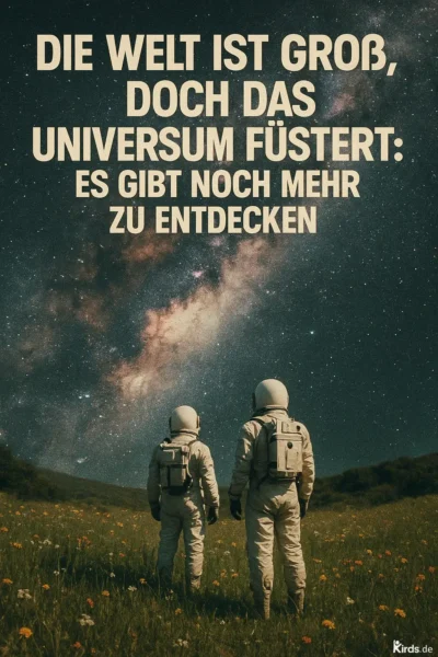 Das Spruch-Bild zeigt zwei Astronauten, die auf einer blühenden Wiese stehen und in den faszinierenden Sternenhimmel blicken. Der Himmel ist erfüllt von der leuchtenden Milchstraße, die sich majestätisch über die Szene spannt. Die Bildkomposition verbindet die Weite des Alls mit der Schönheit der Natur und symbolisiert Sehnsucht, Entdeckergeist und die unendlichen Möglichkeiten des Lebens.