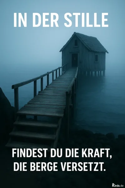 Dieses Spruch-Bild ist atmosphärisch und tief symbolisch: Ein langer Holzsteg führt über stilles, nebliges Wasser zu einem kleinen, einfachen Holzhaus. Die Szene wirkt ruhig und abgeschieden, perfekt geeignet als Sinnbild für Einkehr, innere Ruhe und das Finden von Kraft in der Abgeschiedenheit.