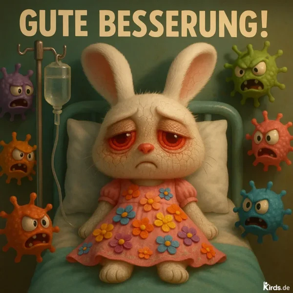 Dieses Spruch-Bild zeigt ein erschöpft wirkendes, weißes Häschen mit roten, müden Augen in einem Krankenhausbett. Es trägt ein rosafarbenes Kleid, das mit bunten Filz-Blumen verziert ist. Um das Bett herum schwirren comicartig gezeichnete Viren in verschiedenen Farben und wütenden Gesichtsausdrücken. Links neben dem Hasen steht ein Infusionsständer mit einer Infusion. Das Bild vermittelt sowohl Mitleid als auch einen humorvollen, aufmunternden Ton.