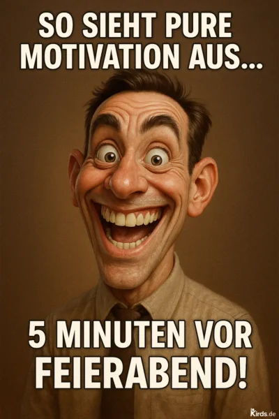 Ein überzeichnetes, humorvoll gestaltetes Porträt eines Mannes mit extrem weit geöffneten Augen und einem riesigen, überschwänglichen Grinsen. Er trägt ein beigefarbenes Hemd und eine Krawatte, sein Gesicht wirkt vor Freude und Energie fast karikaturhaft. Die Mimik vermittelt intensive Vorfreude und überspitzte Motivation – ein Ausdruck, der perfekt zu „5 Minuten vor Feierabend“ passt.