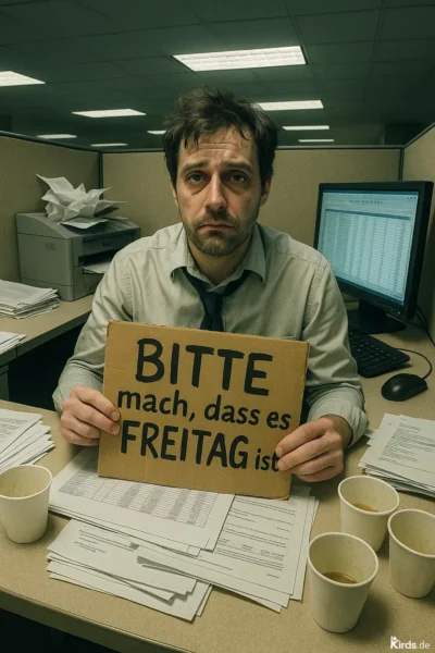 Dieses Spruch-Bild ist eine humorvolle Darstellung des Büroalltags: Ein erschöpft aussehender Mann sitzt in einem tristen Großraumbüro, umgeben von Papierstapeln, halb leeren Kaffeebechern und einem unaufgeräumten Schreibtisch. Er hält ein Pappschild mit der Aufschrift „Bitte mach, dass es FREITAG ist.“ vor sich. Sein Gesichtsausdruck wirkt müde und hoffnungslos, was die Sehnsucht nach dem Wochenende eindrucksvoll unterstreicht.