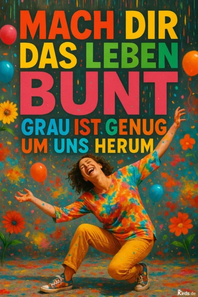 Dieses Spruch-Bild strahlt pure Lebensfreude aus: Eine lachende Frau in kunterbunter Kleidung kniet vor einer farbenfrohen Wand, umgeben von bunten Ballons, Blumen und Konfetti. Ihre Arme sind weit ausgebreitet, ihr Gesicht zeigt pures Glück – ein lebendiger Ausdruck von Freiheit, Farbe und innerer Freude.
