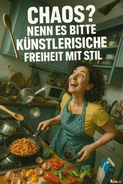 Das Spruch-Bild zeigt eine fröhliche Frau in einer chaotischen Küche, die voller Begeisterung kocht. Um sie herum fliegen Kochutensilien durch die Luft. Auf dem Herd köchelt eine Pfanne mit Pasta in Tomatensoße. Der Tisch ist bedeckt mit zerbrochenen Eierschalen, frischem Brokkoli, roter Paprika und einem halb vollen Glas Rotwein. Die Szene strahlt lebendige Energie und kreative Freiheit aus.