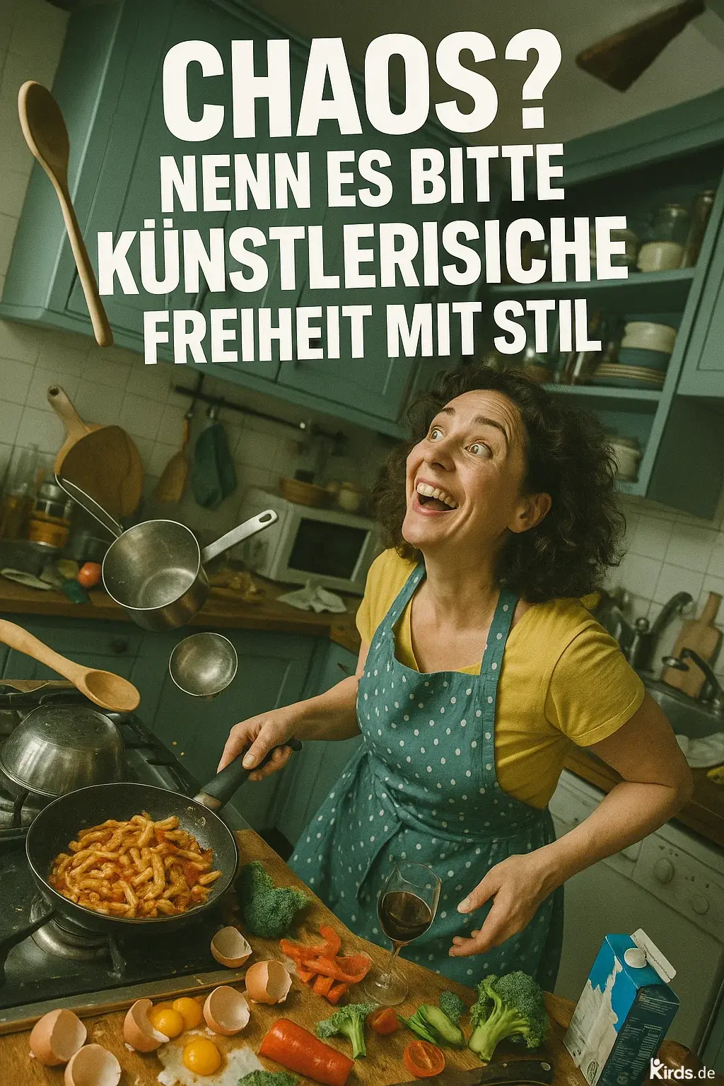 Das Spruch-Bild zeigt eine fröhliche Frau in einer chaotischen Küche, die voller Begeisterung kocht. Um sie herum fliegen Kochutensilien durch die Luft. Auf dem Herd köchelt eine Pfanne mit Pasta in Tomatensoße. Der Tisch ist bedeckt mit zerbrochenen Eierschalen, frischem Brokkoli, roter Paprika und einem halb vollen Glas Rotwein. Die Szene strahlt lebendige Energie und kreative Freiheit aus.