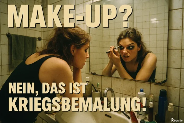 Dieses Spruch-Bild zeigt eine junge Frau in einem eher schmuddeligen Badezimmer vor einem Spiegel. Sie trägt ein schwarzes Tanktop und zieht mit entschlossener Miene kräftig schwarzen Eyeliner um ihre Augen – fast wie Kriegsbemalung. Die Szene wirkt urban und leicht provokant, unterstrichen durch das abgenutzte Waschbecken und die gefliesten Wände. Ihre Pose und der intensive Blick vermitteln Energie, Fokus und Entschlossenheit.
