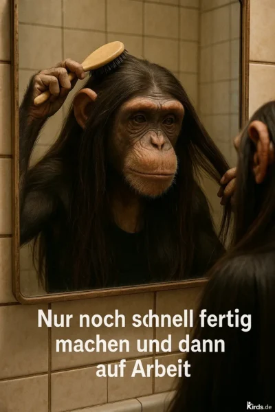 Dieses Spruch-Bild zeigt einen Schimpansen, der ernsthaft vor einem Spiegel steht und sich mit einer Haarbürste sorgfältig die langen Haare kämmt. Das Badezimmer ist gefliest, und der Ausdruck des Affen wirkt konzentriert und fast menschlich, als würde er sich auf einen anstrengenden Arbeitstag vorbereiten.