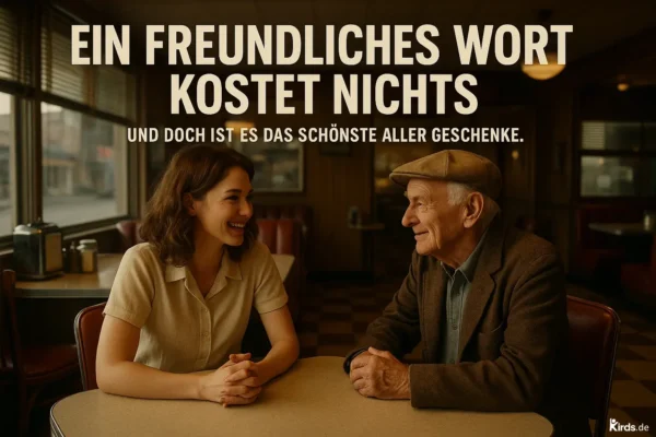 Eine junge Frau und ein älterer Herr sitzen sich in einem gemütlichen Café gegenüber. Beide lächeln herzlich und sind in ein freundliches Gespräch vertieft. Die Szene strahlt Wärme, Herzlichkeit und zwischenmenschliche Nähe aus. Die Einrichtung des Cafés wirkt nostalgisch und gemütlich.