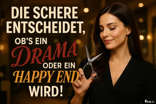 Dieses Spruch-Bild ist modern und elegant gestaltet: Eine attraktive, dunkelhaarige Frau im schwarzen Blazer hält eine silberne Friseurschere in der Hand und lächelt dabei sanft. Ihr Haar ist perfekt frisiert, glatt und glänzend. Die Szene wirkt stilvoll und professionell, mit warmen Lichtreflexen im Hintergrund, die eine angenehme Salon-Atmosphäre schaffen.