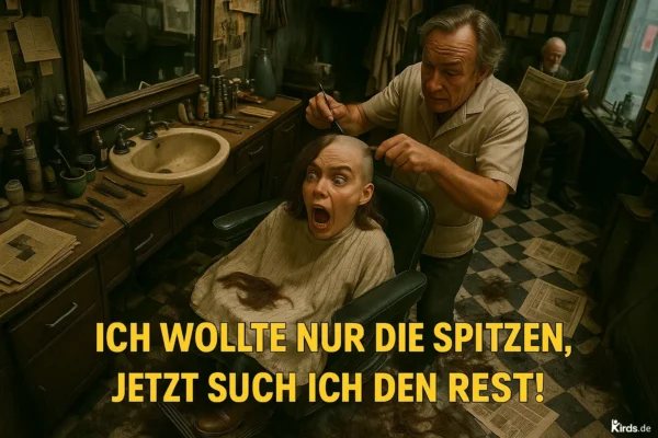 Dieses Spruch-Bild ist eine humorvolle Szene mit starker Übertreibung: Ein älterer Friseur rasiert ernsthaft den Kopf einer schockiert schreienden Person, während bereits die Hälfte des Kopfes kahl ist. Auf dem Boden und dem Umhang liegen große Haarbüschel. Der Friseursalon wirkt altmodisch, mit einem Waschbecken, zahlreichen Friseurwerkzeugen und vergilbten Zeitungen an den Wänden. Im Hintergrund sitzt ein älterer Mann lesend auf einem Stuhl.