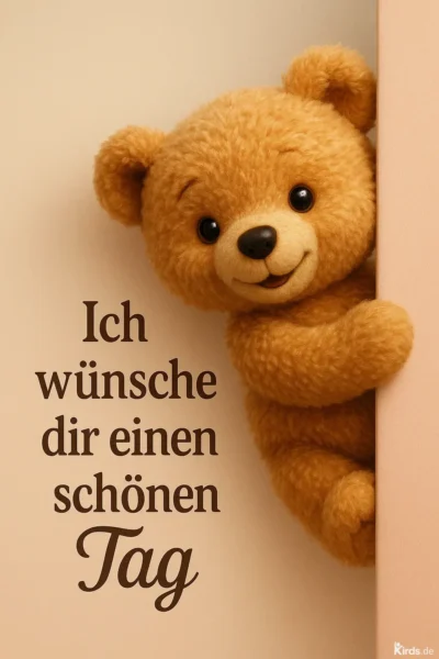 Dieses Spruch-Bild zeigt einen niedlichen, flauschigen Teddybär, der freundlich hinter einer Wand hervorschaut. Der Teddybär hat ein breites Lächeln und große, glänzende Knopfaugen, die Freude und Herzlichkeit ausstrahlen. Der Hintergrund ist in warmen Beige-Tönen gehalten, was das Bild freundlich und harmonisch wirken lässt. Links neben dem Teddybär steht in eleganter Schrift der Spruch „Ich wünsche dir einen schönen Tag“.