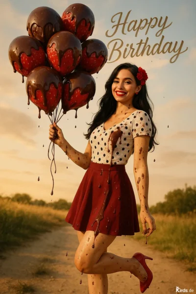 Dieses Spruch-Bild ist verspielt, sinnlich und humorvoll zugleich: Eine junge, lächelnde Frau im Retro-Outfit hält eine Gruppe Ballons in der Hand, die wie in Schokolade getunkte Erdbeeren aussehen. Die Schokolade tropft von den Ballons und überzieht ihr Gesicht, ihre Arme und ihre Kleidung – ein stilisierter „Unfall“, der das Bild charmant und augenzwinkernd wirken lässt. Die Frau trägt einen weißen Punkt-Blusenbody, einen roten Rock und rote High Heels, ergänzt durch eine rote Blume im Haar. Die Szene spielt im goldenen Licht eines Sonnenuntergangs auf einem ländlichen Weg – ein Kontrast, der das Bild noch lebendiger macht.