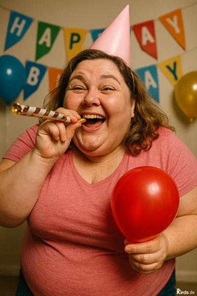 Auf dem Spruch-Bild sieht man eine fröhliche, lachende Frau mit rosa Partyhut, die eine gold-weiß gestreifte Tröte im Mund hat. In ihrer Hand hält sie einen roten Luftballon. Im Hintergrund hängen bunte Wimpel mit der Aufschrift "Happy Birthday" sowie Ballons in Blau und Gold. Die Stimmung wirkt ausgelassen, herzlich und feierlich.