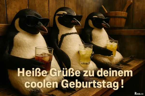 Dieses Spruch-Bild ist ein humorvoller Hingucker: Drei Pinguine mit Sonnenbrillen sitzen entspannt in einer Sauna auf einer Holzbank und trinken kühle Cocktails mit Eiswürfeln – ein witziger Kontrast zwischen Hitze und Coolness, der den Spruch perfekt visualisiert.