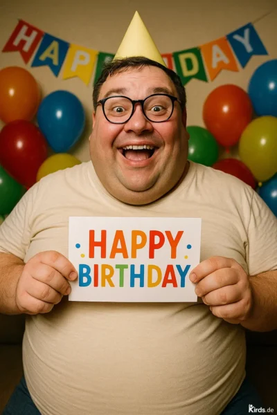 Ein fröhlicher, beleibter Mann mit Brille und beigem T-Shirt steht im Vordergrund. Er trägt einen gelben Partyhut und hält ein farbenfrohes Schild mit der Aufschrift „Happy Birthday“ in die Kamera. Im Hintergrund sind bunte Luftballons und eine Geburtstagsgirlande zu sehen. Sein Gesichtsausdruck ist überglücklich und herzlich.