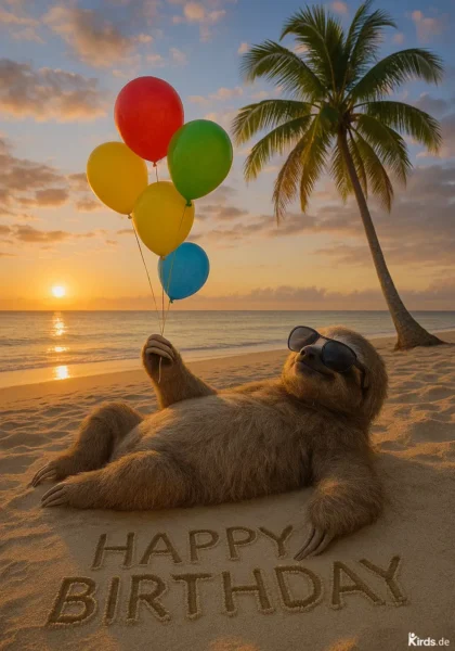 Dieses Spruch-Bild ist humorvoll und entspannt: Ein Faultier liegt gemütlich am Sandstrand, trägt eine Sonnenbrille und hält bunte Luftballons in der Hand. Im Sand ist „HAPPY BIRTHDAY“ eingraviert. Im Hintergrund sind eine Palme, das Meer und ein Sonnenuntergang zu sehen – die Szene vermittelt Urlaubsgefühl, Ruhe und Freude zugleich.