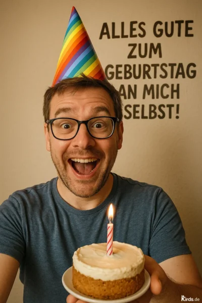 Dieses Spruch-Bild ist humorvoll und lebensnah: Ein fröhlicher Mann mit Partyhut hält eine kleine Geburtstagstorte mit einer brennenden Kerze und lächelt breit in die Kamera – ein Ausdruck von Selbstliebe und humorvoller Eigenständigkeit. Der Text „Alles Gute zum Geburtstag an mich selbst!“ im Hintergrund unterstreicht die selbstironische Botschaft des Bildes.