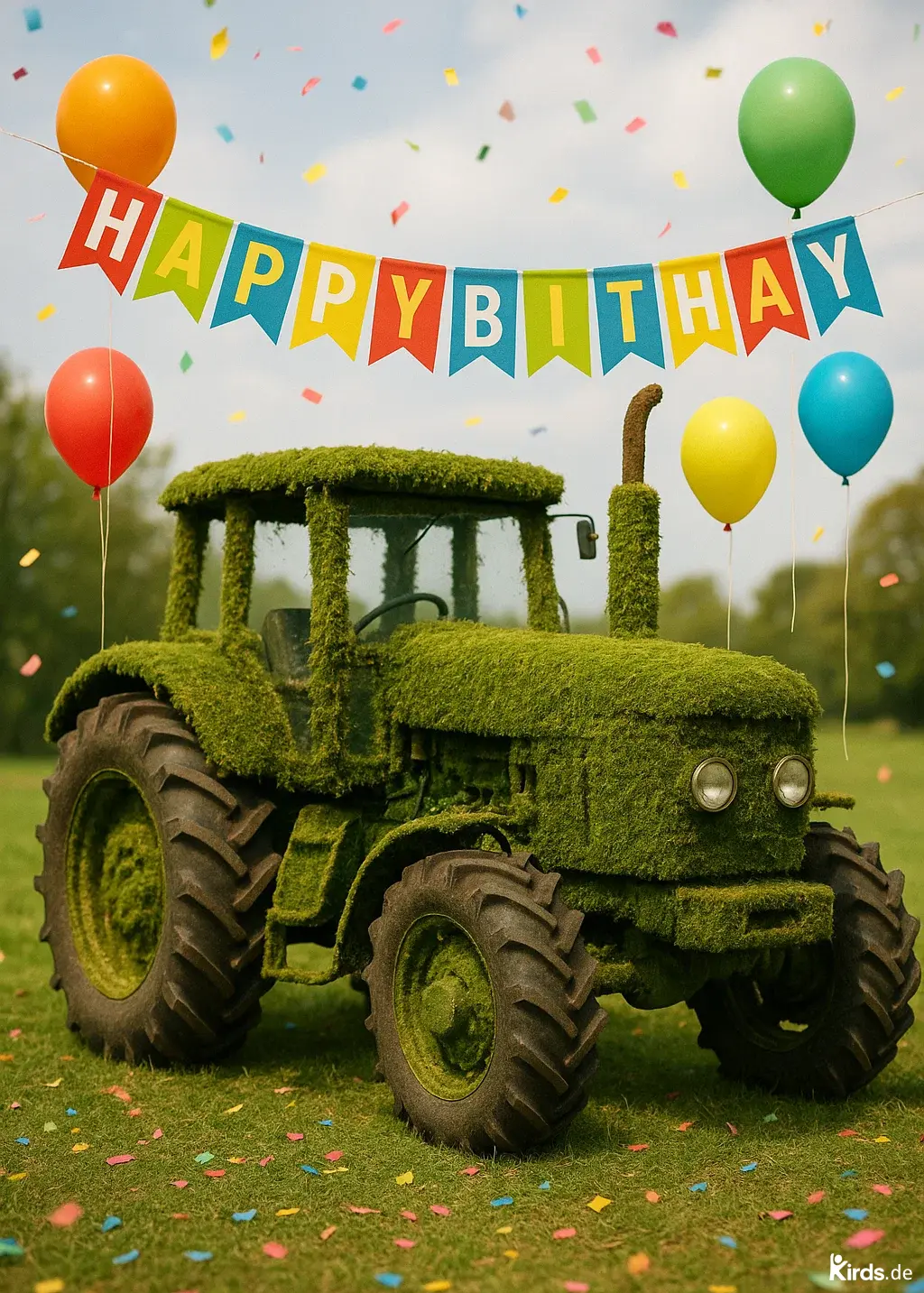 Auf dem Bild ist ein großer Traktor zu sehen, der vollständig mit Moos oder grasähnlichem Bewuchs überzogen ist. Er steht auf einer Wiese, umgeben von buntem Konfetti, das auf dem Boden liegt und in der Luft schwebt. Um den Traktor herum sind farbige Luftballons (rot, gelb, grün, blau) befestigt. Über dem Traktor hängt eine bunte Wimpelkette mit dem Schriftzug „HAPPY BITHAY“, wobei der Schriftzug absichtlich falsch geschrieben ist. Die Szene wirkt humorvoll, verspielt und wie eine Geburtstagsparty auf dem Land.