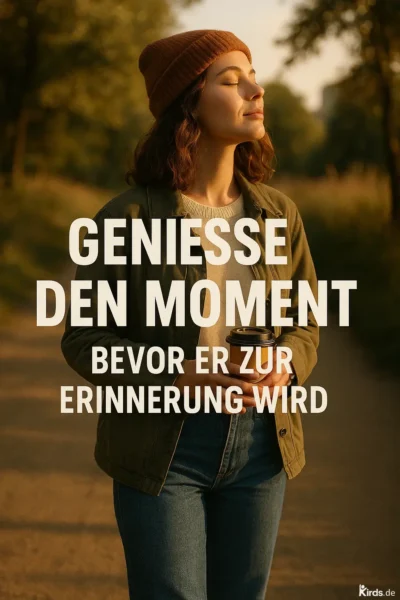 Eine junge Frau mit lockigem Haar trägt eine orangefarbene Mütze und eine olivgrüne Jacke. Sie steht entspannt auf einem Waldweg, die Augen geschlossen, das Gesicht genießt die warme Sonne. In den Händen hält sie einen Kaffeebecher. Die Szenerie ist von sanftem Sonnenlicht durchflutet und vermittelt Ruhe, Zufriedenheit und Achtsamkeit.