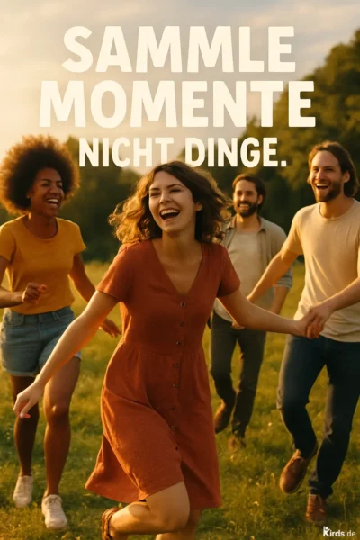 Auf dem Bild sieht man eine fröhliche Gruppe junger Menschen, die ausgelassen auf einer Wiese tanzen und lachen. Im Vordergrund läuft eine Frau mit lockigem Haar und rotem Kleid, die pure Lebensfreude ausstrahlt. Die Szene spielt im warmen Licht der Abendsonne und vermittelt ein Gefühl von Freiheit, Gemeinschaft und unbeschwertem Glück.