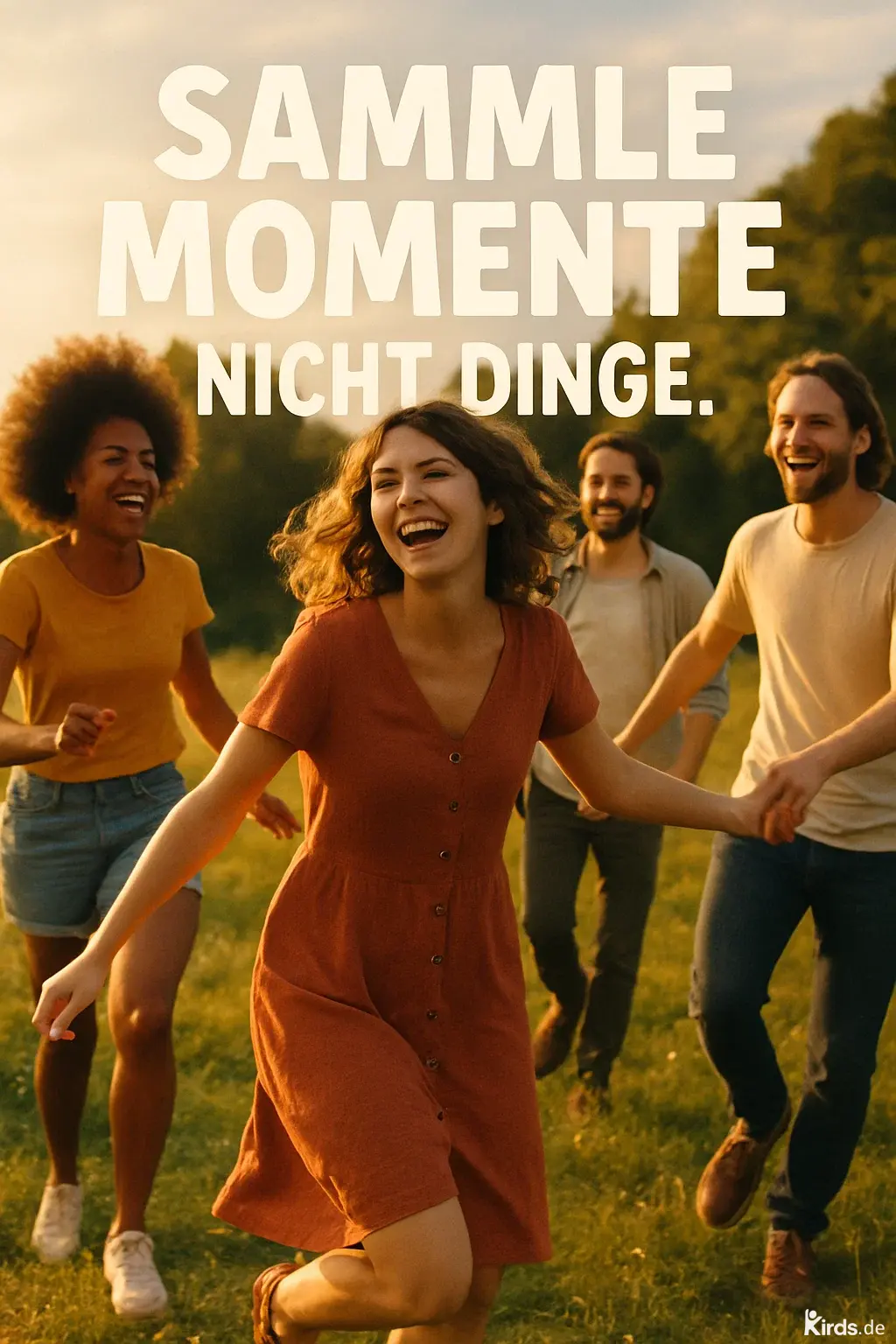 Auf dem Bild sieht man eine fröhliche Gruppe junger Menschen, die ausgelassen auf einer Wiese tanzen und lachen. Im Vordergrund läuft eine Frau mit lockigem Haar und rotem Kleid, die pure Lebensfreude ausstrahlt. Die Szene spielt im warmen Licht der Abendsonne und vermittelt ein Gefühl von Freiheit, Gemeinschaft und unbeschwertem Glück.