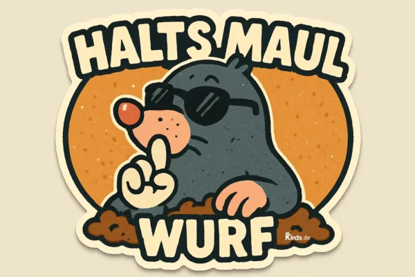 Auf diesem Spruch-Bild ist ein gezeichneter Maulwurf mit schwarzer Sonnenbrille zu sehen, der mit einem ernsten Gesichtsausdruck aus einem Erdloch hervorschaut. Er hält den Zeigefinger vor den Mund – eine typische Geste für „Pssst!“ oder „Sei still!“. Über dem Maulwurf steht in großen Buchstaben „HALTS MAUL“, darunter „WURF“. Das Wortspiel kombiniert auf humorvolle Weise die Redewendung „Halt’s Maul“ mit dem Tiernamen „Maulwurf“. Das Bild ist im Retro-Comic-Stil gehalten mit warmen Farben und klarer Umrandung.