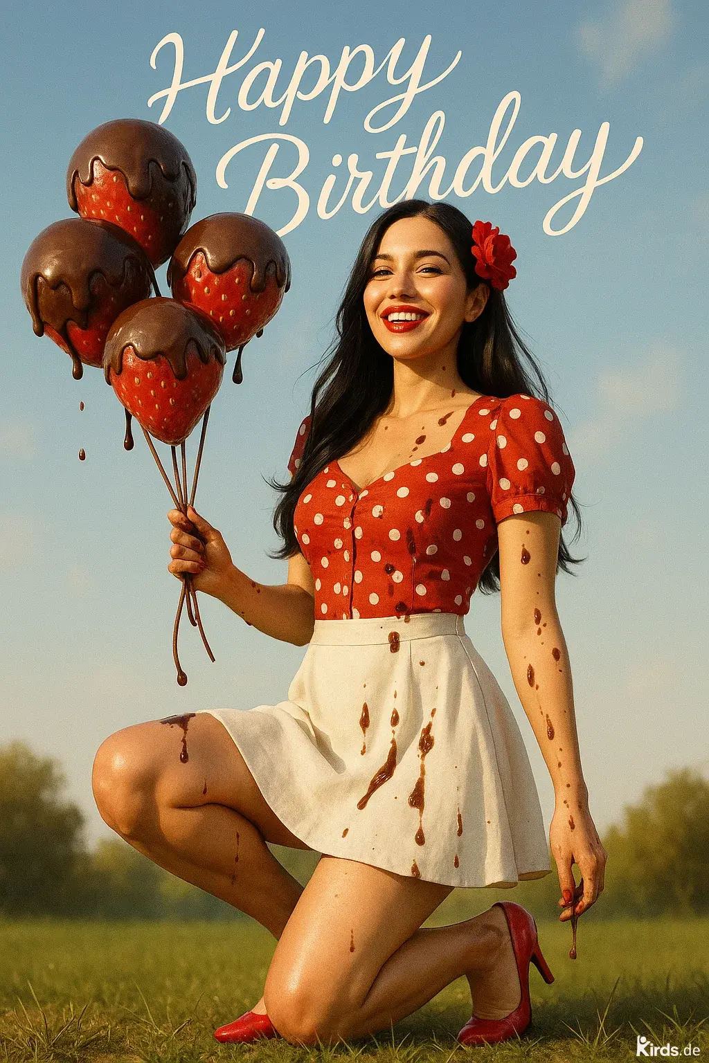 Das Bild zeigt eine junge Frau mit langem, dunklem Haar, die kniend auf einer grünen Wiese posiert. Sie trägt ein retro-inspiriertes Outfit bestehend aus einem roten Oberteil mit weißen Polka-Dots und einer weißen, hohen Taille-Rock. Auffällig ist ihre rote Blume im Haar und die farblich passenden roten High Heels, die den nostalgischen Look unterstreichen. In der Hand hält sie ein außergewöhnliches Bouquet – Ballons in Form von riesigen Erdbeeren, die mit glänzender Schokolade überzogen sind und realistisch heruntertropfen. Einige dieser Schokoladentropfen haben die Frau bereits auf ihrem Arm, der Kleidung und den Beinen erreicht, was dem Bild eine verspielte, leicht chaotische Note verleiht. Trotz der Schokoladenflecken strahlt sie überglücklich und voller Lebensfreude, was durch ihr strahlendes Lächeln noch verstärkt wird. Im Hintergrund ist ein klarer blauer Himmel mit weichem Tageslicht zu sehen. Über dem Motiv steht in eleganter, geschwungener Schrift der Schriftzug "Happy Birthday", was das Bild ideal für Geburtstagsgrüße macht. Die Szenerie vermittelt eine Mischung aus Genuss, Spaß und Vintage-Ästhetik und spricht besonders Liebhaber von kreativen, lebensfrohen Fotomotiven an.