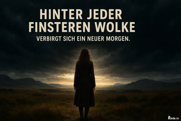 Eine einzelne Frau steht auf einer weiten Wiese, den Rücken zur Kamera gewandt. Über ihr hängen dichte, dunkle Wolken, die eine bedrohliche Atmosphäre schaffen. Doch am Horizont bricht ein helles Licht durch die Wolkendecke und kündigt den Sonnenaufgang an. Im Hintergrund sind sanfte, dunkle Bergsilhouetten zu erkennen, die den Blick auf den hell erleuchteten Horizont lenken. Das Bild symbolisiert Hoffnung und den Aufbruch in einen neuen Tag.