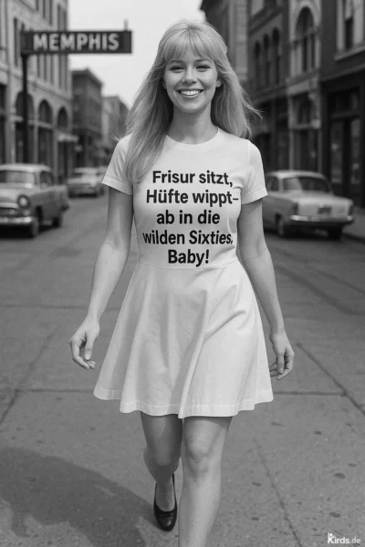 Dieses Spruch-Bild strahlt pure Lebensfreude im Retro-Stil aus: Eine junge, fröhlich lachende Frau mit offenem Haar und einem schwingenden Kleid spaziert selbstbewusst eine Straße entlang. Ihr Outfit und die Oldtimer im Hintergrund versetzen den Betrachter direkt in die 1960er-Jahre.